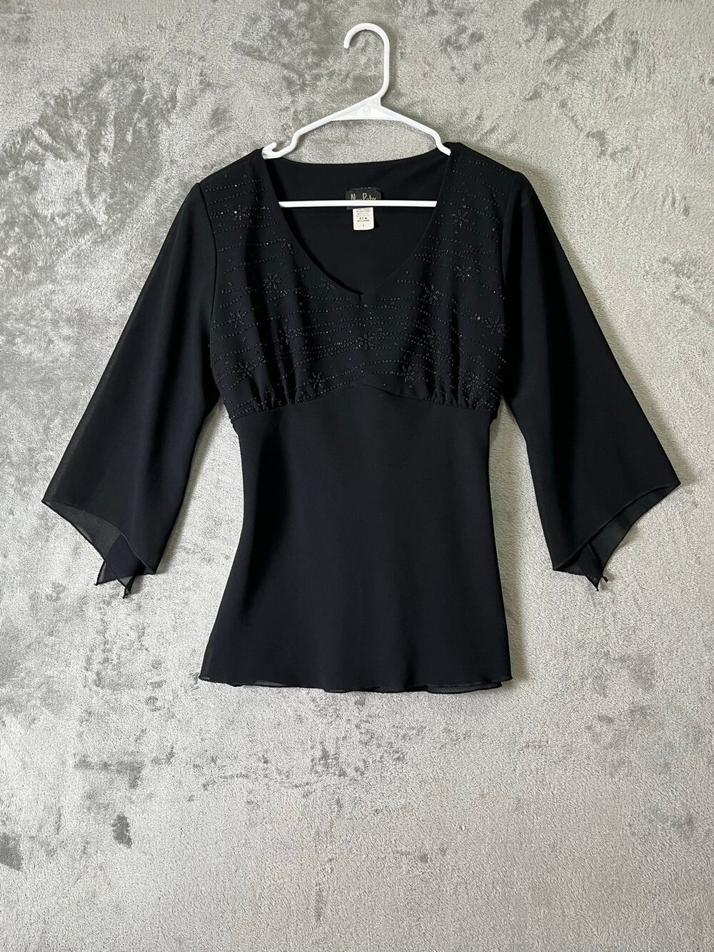 Vintage Y2K Black Beaded Bell Sleeve Empire Waist Blouse Fairy Grunge Goth Large
